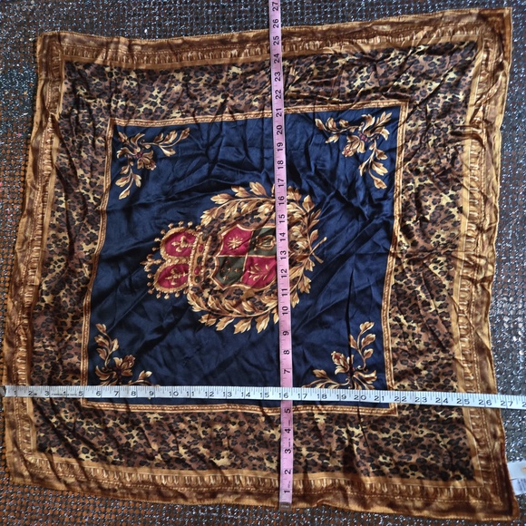 Talbots navy blue regal print silk neck scarf with animal print trim - Picture 7 of 8